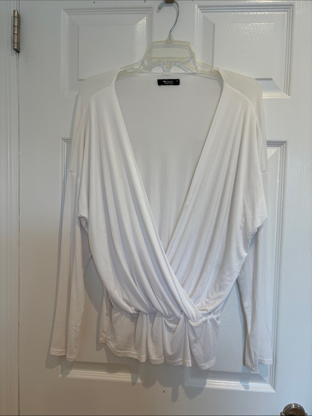 Michael Lauren  White Faux-Wrap Drape Front Long Sleeve Blouse